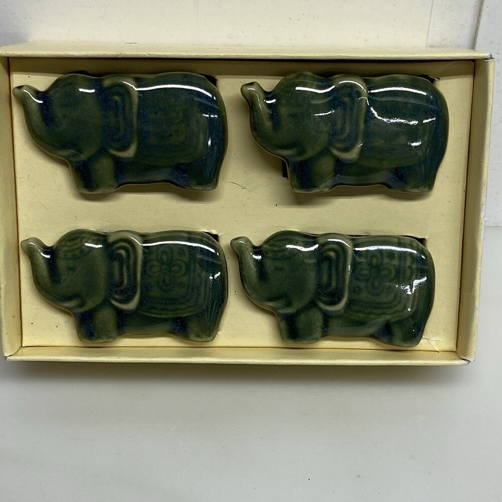 Set Of 4 Elephant Napkin Ring Holders World Market Ceramic Green-Blue